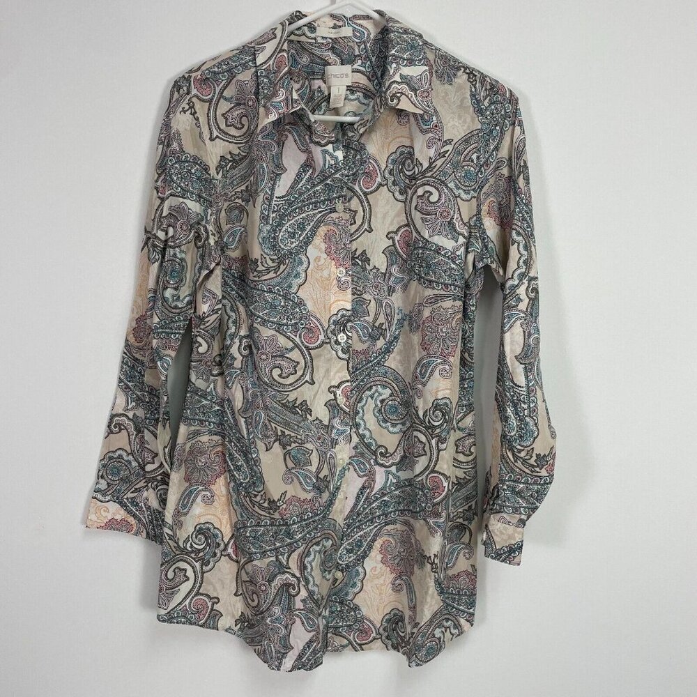 Chico's Womens Effortless Blush Scrolls Andie Shirt Size 1 Paisley Long Sleeve